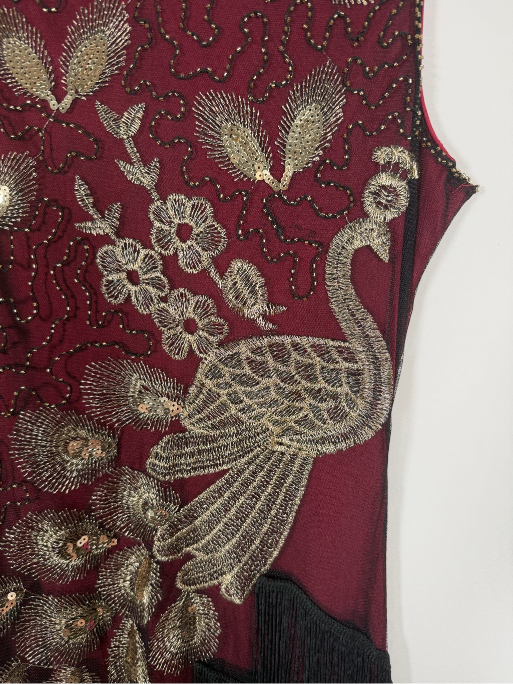 Embellished Burgundy Irregular Tassel Hem Peacock Dress - 20s Inspired, Flapper — image 5 of 8